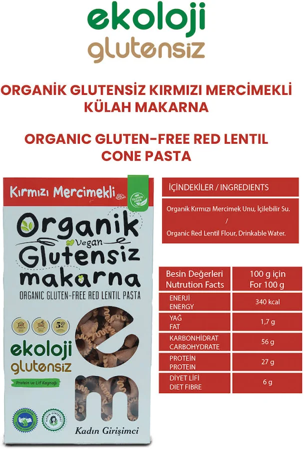 Organik Glutensiz Makarna Kırmızı Mercimekli Külah 200 Gr.