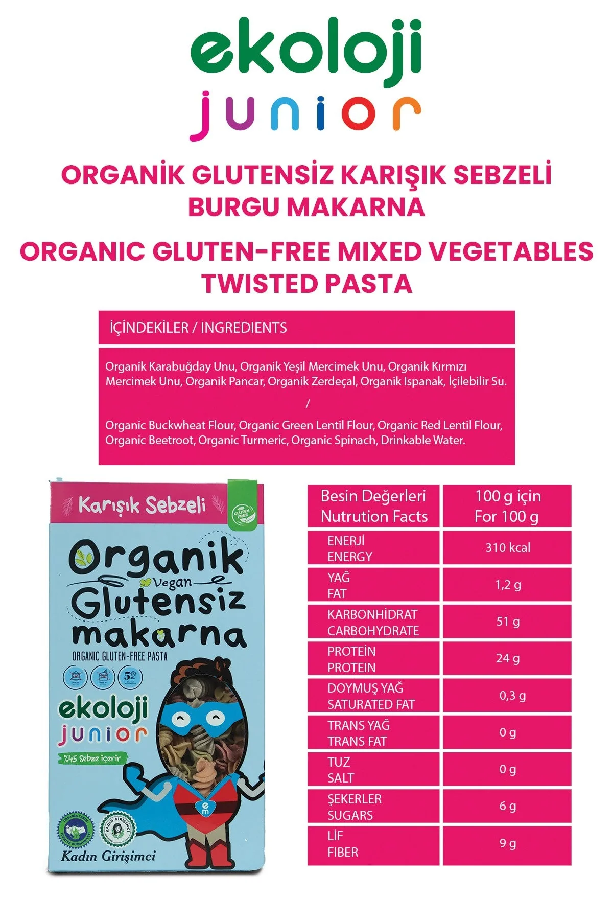 Organik Glutensiz Makarna Sebzeli Burgu 200 Gr.